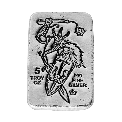 5 oz Hand Poured Viking Flail And Shield Silver Bar | Monarch Precious Metals