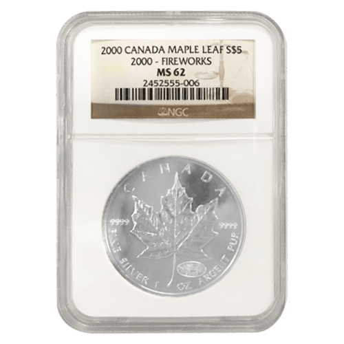 1 oz 2000 Canadian Maple Leaf Fireworks Privy NGC MS62 Silver Coin