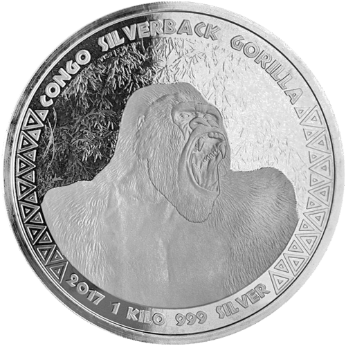 Pièce 1 kilo d'argent Gorille à dos argenté Congo 2017