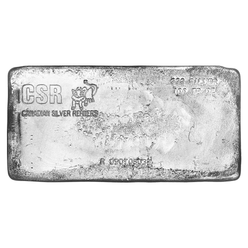 Lingot d'argent coulé à la main Canadian Silver Refiners de 100 onces