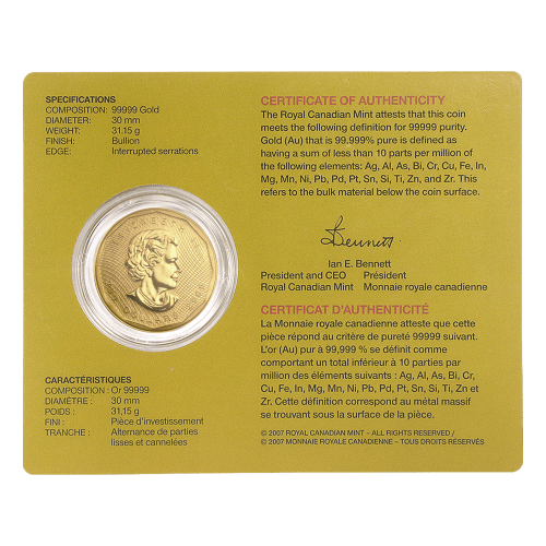 1 oz 2009 99999 Fine Canadian Maple Leaf Gold Coin | Royal Canadian Mint