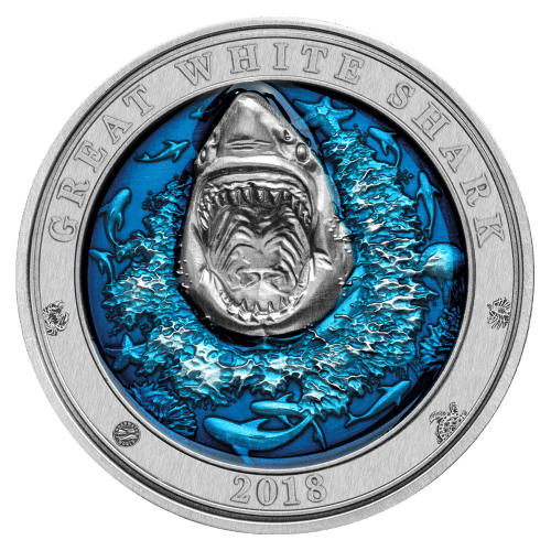 Pièce 3 onces d'argent Grand requin blanc | Monde sous-marin de la Barbade 2018