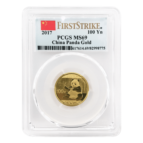 Pièce 8 grammes d'or Premières pièces frappées Panda Chine MS-69 PCGS 2017