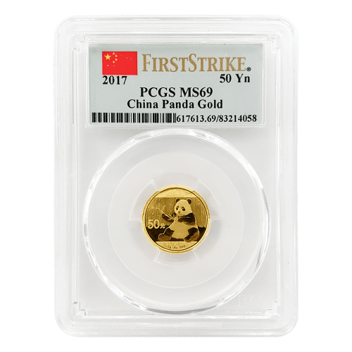 Pièce 3 grammes d'or Premières pièces frappées Panda Chine MS-69 PCGS 2017