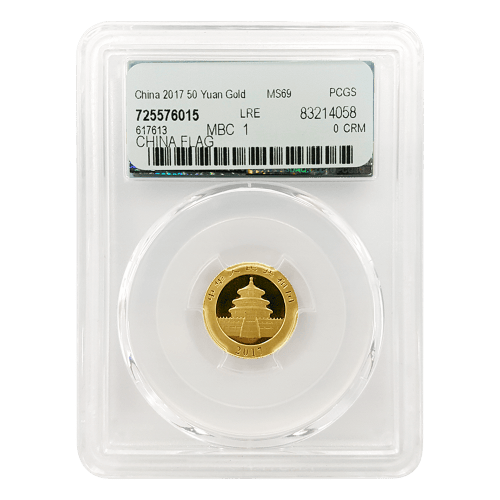 Pièce 3 grammes d'or Premières pièces frappées Panda Chine MS-69 PCGS 2017