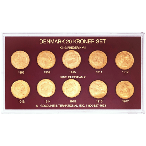 Set of 10 x Random Year Danish 20 Kroner Gold Coins