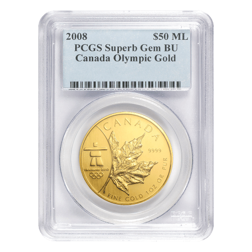 Pièce 1 once d'or Superb Gem PCGS Marque d'atelier Olympique Feuille d'érable canadienne 2008 | Monnaie royale canadienne