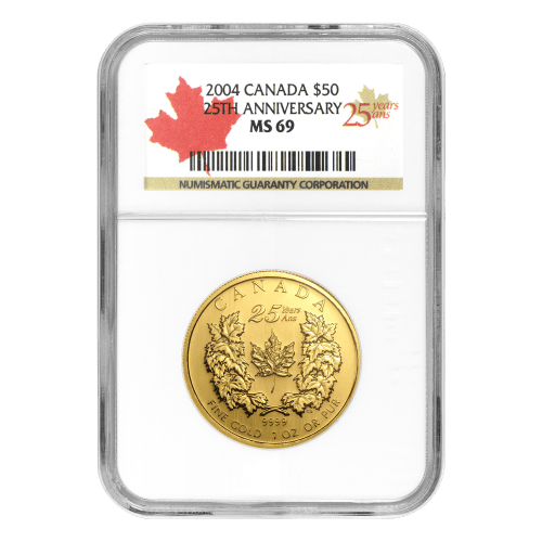 1 oz 2004 Canadian Maple Leaf 25th Anniversary MS-69 Gold Coin