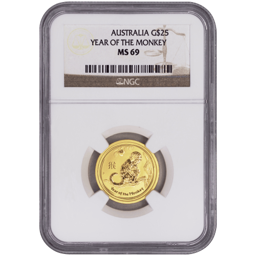 Pièce 1/4 once d'or MS-69 Lunaire Année du Singe Année aléatoire