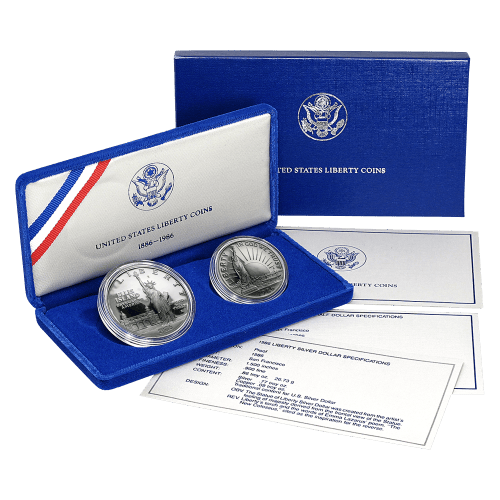 Ensemble de 2 pièces d'argent épreuve numismatique Statue de la liberté 1986 | Monnaie des États-Unis