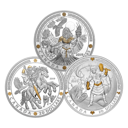 Ensemble de 3 pièces 1 once d'argent Dieux nordiques 2019 Monnaie royale canadienne