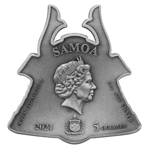 2 oz 2021 Samoa Ancient Warriors | Samurai Mask Shaped Antiqued Silver Coin