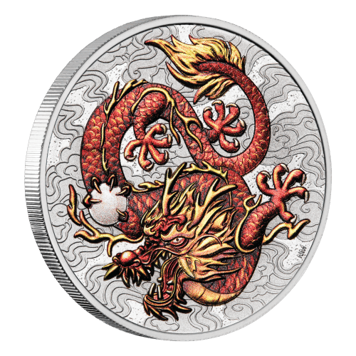 Pièce 1 once d'argent coloré Dragon | Mythes et légendes chinoises Australie 2021 | Monnaie de Perth