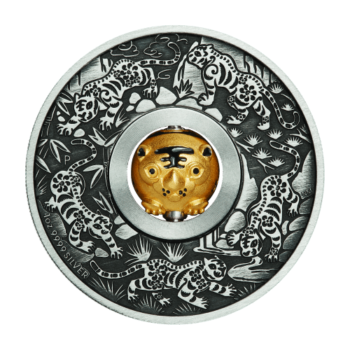 1 oz 2022 Year of the Tiger Rotating Charm Antiqued Silver Coin | Perth Mint