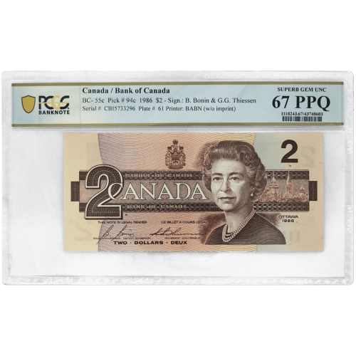 1986 $2 Canadian Banknote PCGS MS-67 | Royal Canadian Mint