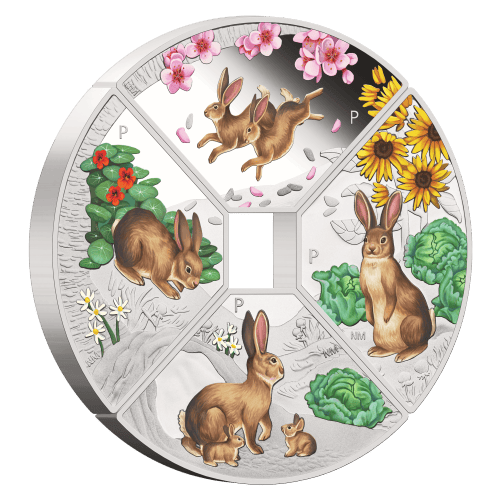 Set of 4 x 1 oz 2023 Year of the Rabbit Quadrant Colourized Proof Silver Coins | Perth Mint