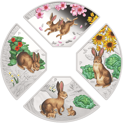 Set of 4 x 1 oz 2023 Year of the Rabbit Quadrant Colourized Proof Silver Coins | Perth Mint