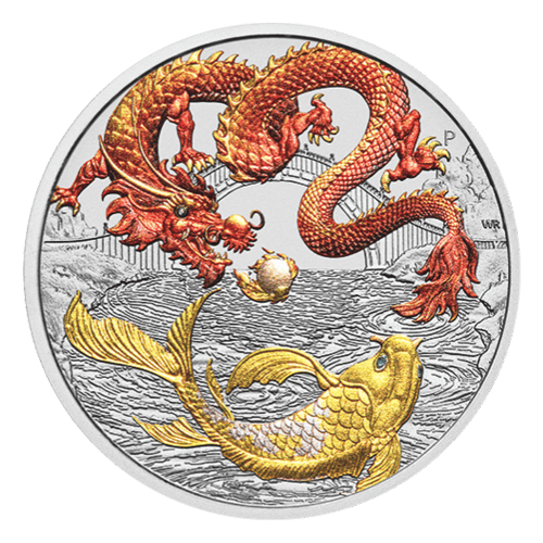 Pièce 1 once d'argent coloré Mythes et Légendes chinois : Dragon rouge et Carpe 2023 | Monnaie de Perth