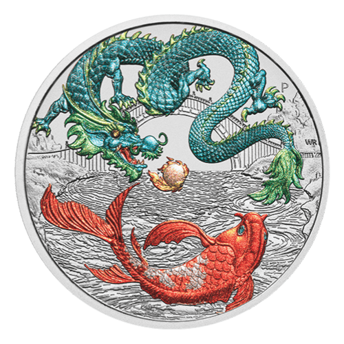 1 oz 2023 Chinese Myths and Legends Green Dragon and Koi Colourized Silver Coin | Perth Mint