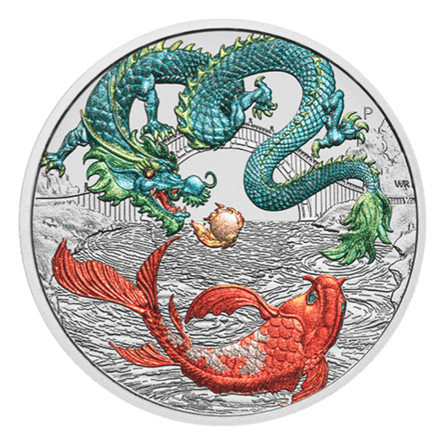 Pièce 1 once d'argent coloré Mythes et Légendes chinois : Dragon vert et Carpe 2023 dans une carte | Monnaie de Perth