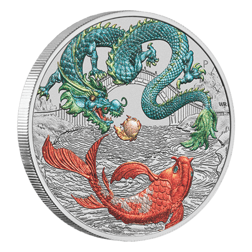 Pièce 1 once d'argent coloré Mythes et Légendes chinois : Dragon vert et Carpe 2023 dans une carte | Monnaie de Perth