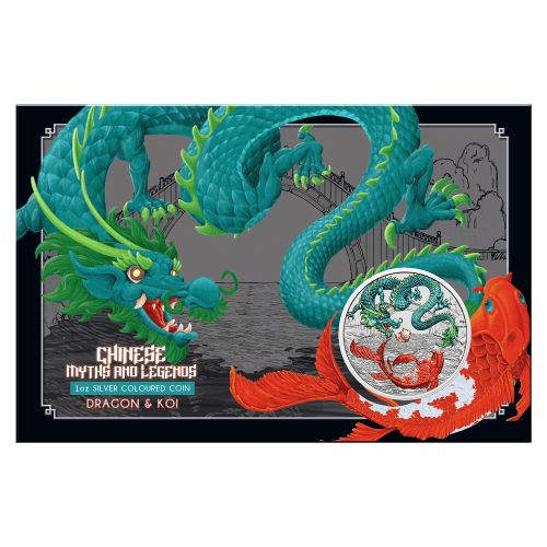 Pièce 1 once d'argent coloré Mythes et Légendes chinois : Dragon vert et Carpe 2023 dans une carte | Monnaie de Perth