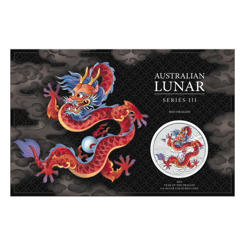 Pièce 1 once d'argent coloré Lunaire Année du Dragon rouge 2024 dans une carte | Monnaie de Perth