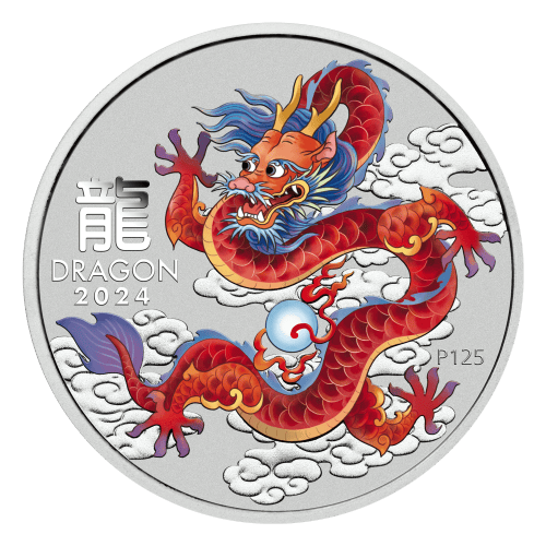 Pièce 1 once d'argent coloré Lunaire Année du Dragon rouge 2024 dans une carte | Monnaie de Perth