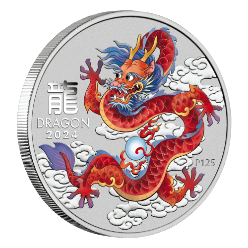 Pièce 1 once d'argent coloré Lunaire Année du Dragon rouge 2024 dans une carte | Monnaie de Perth