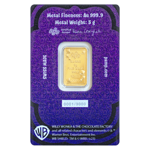 5 gram Willy Wonka Golden Ticket Gold Bar | PAMP Suisse | Silver