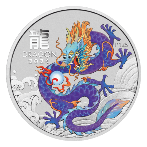 Pièce 1 once d'argent coloré violet Lunaire Année du Dragon 2024 dans une carte | Monnaie de Perth