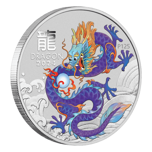 Pièce 1 once d'argent coloré violet Lunaire Année du Dragon 2024 dans une carte | Monnaie de Perth