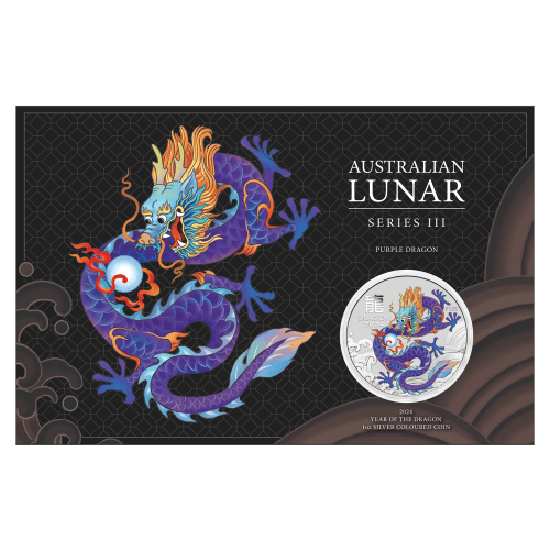 Pièce 1 once d'argent coloré violet Lunaire Année du Dragon 2024 dans une carte | Monnaie de Perth