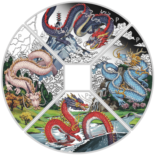 Set of 4 x 1 oz 2024 Lunar Year of the Dragon Quadrant Colourized Proof Silver Coins | Perth Mint