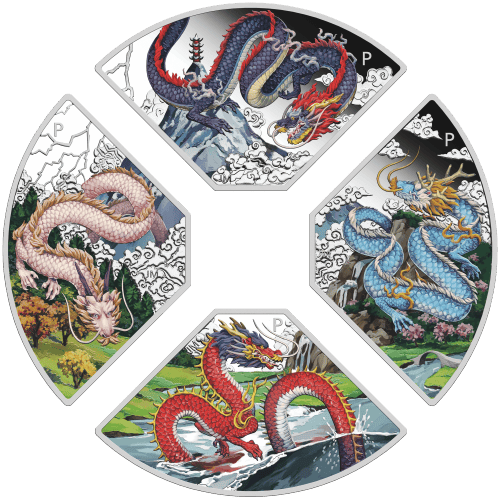 Set of 4 x 1 oz 2024 Lunar Year of the Dragon Quadrant Colourized Proof Silver Coins | Perth Mint