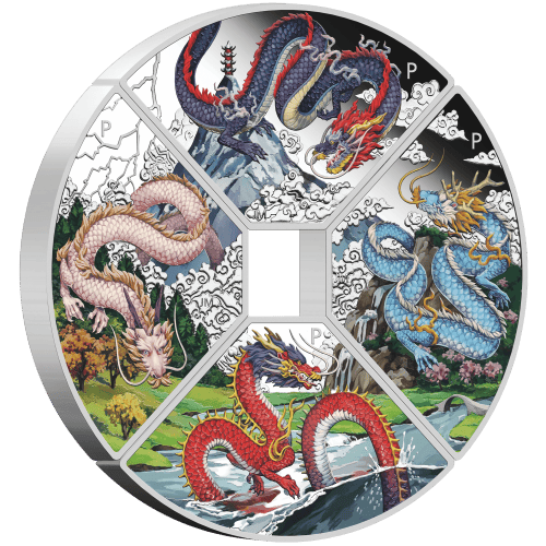 Set of 4 x 1 oz 2024 Lunar Year of the Dragon Quadrant Colourized Proof Silver Coins | Perth Mint