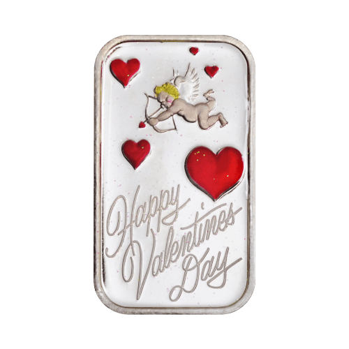 1 oz Valentine's Day: Cupid Red Hearts Colourized Silver Bar | Silvertowne Mint