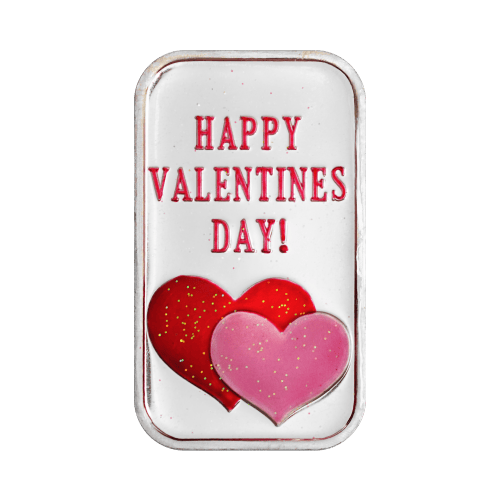 Lingot 1 once d'argent coloré Saint Valentin : Cœurs de Saint Valentin rouges et roses | Monnaie de SilverTowne
